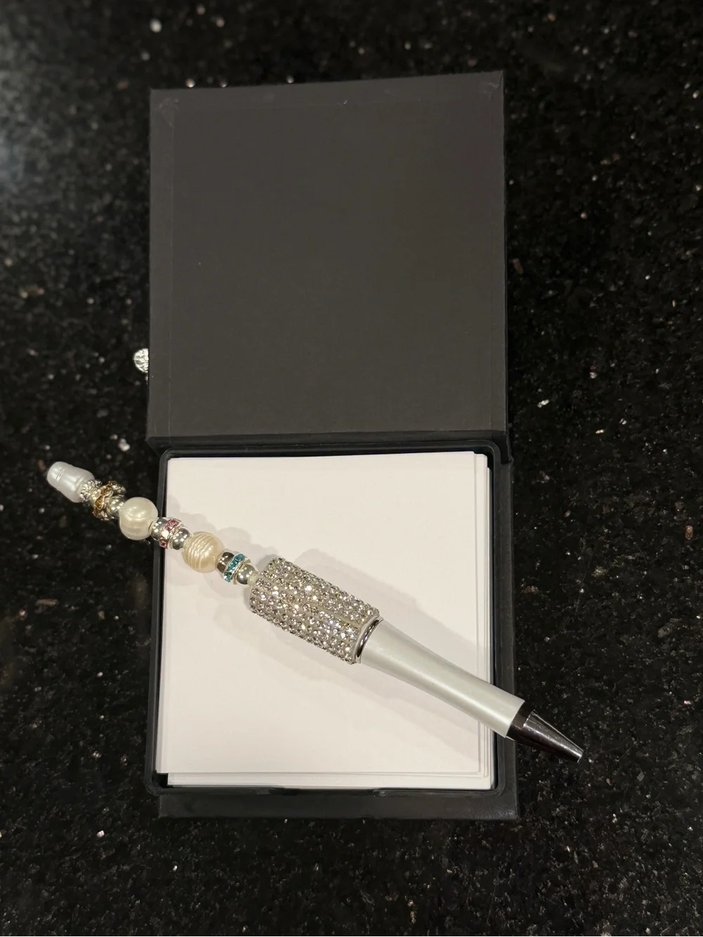 Sparkly Floral Desk Set - Crystal Accented Note Holder with Coaster & Bling Pen